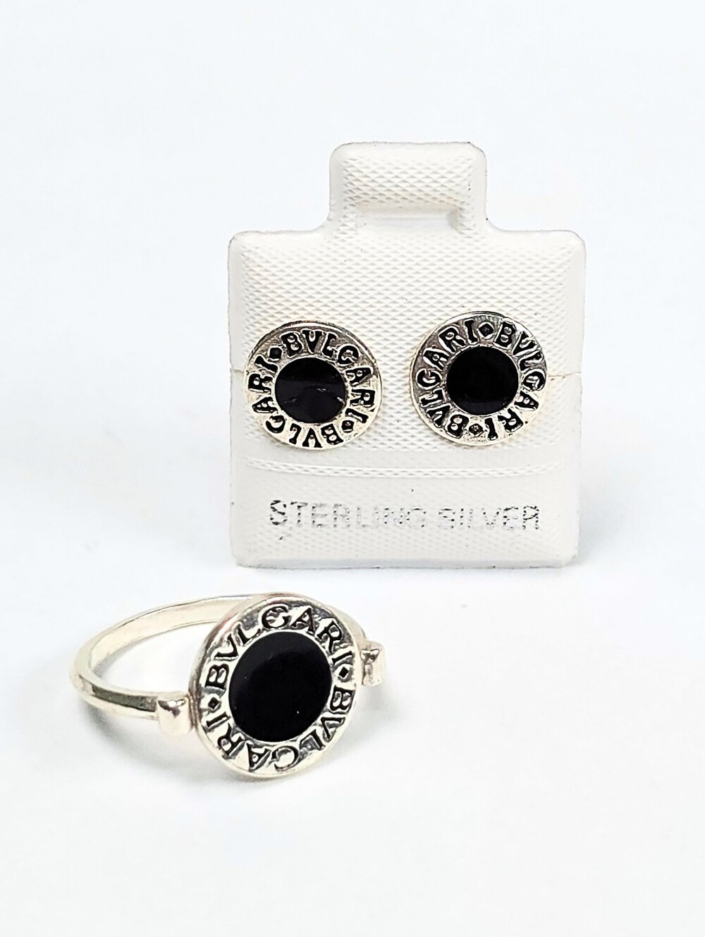 Bvlgari Insp. Black Enamel Stud Earrings & Round Ring Set 925 Sterling Silver #6